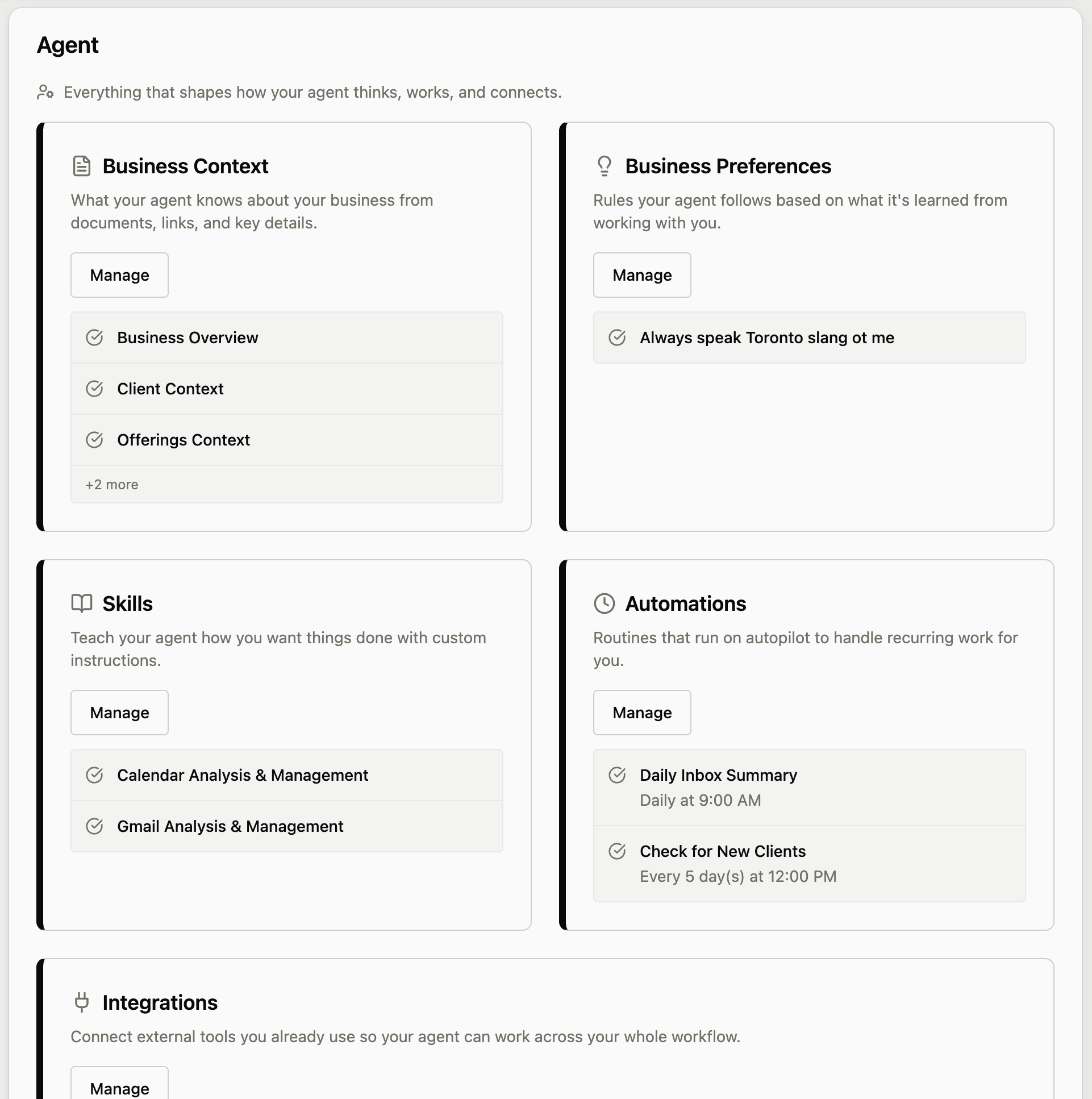 Agent settings dashboard showing context, skills, automations, and integrations