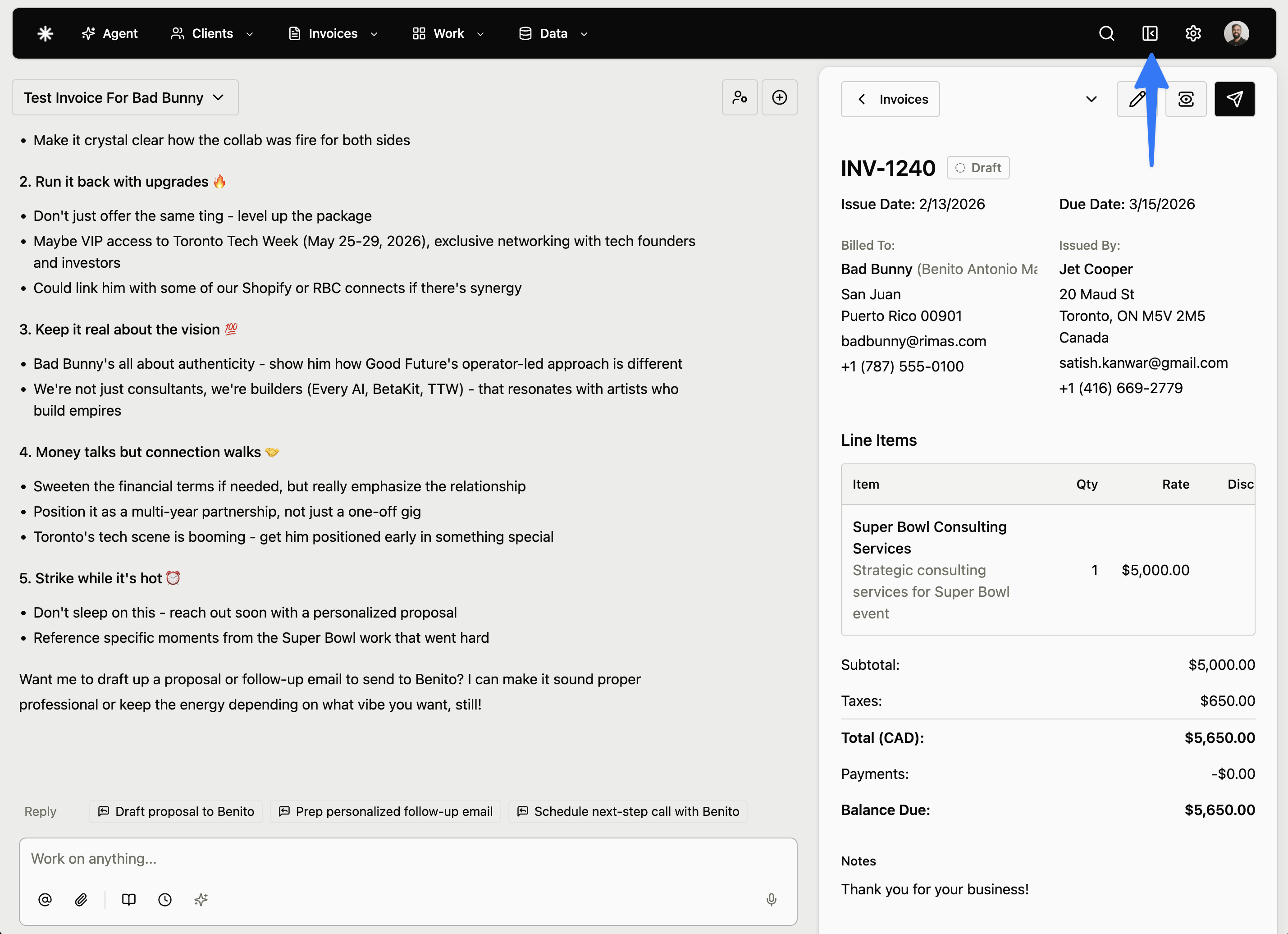 Expandable agent chat panel alongside an invoice