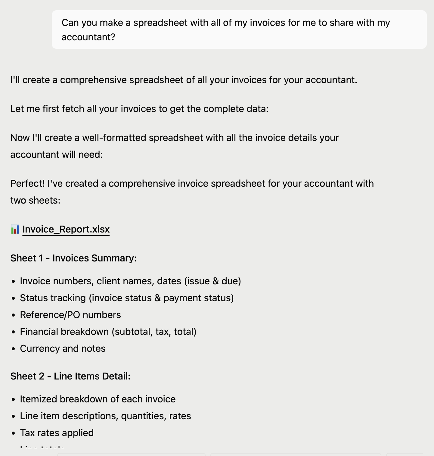 Agent creating an invoice spreadsheet in chat